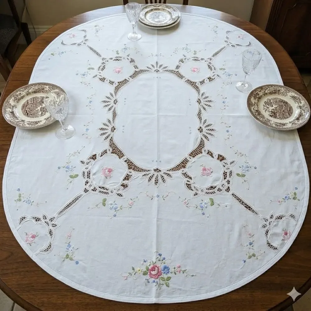 Vintage Hand-Embroidered & Cutwork Lace White Oval Tablecloth - Pastel Florals